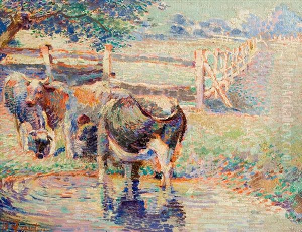 La Traite Des Vaches Pres De L'abreuvoir Oil Painting by Henri Quantin