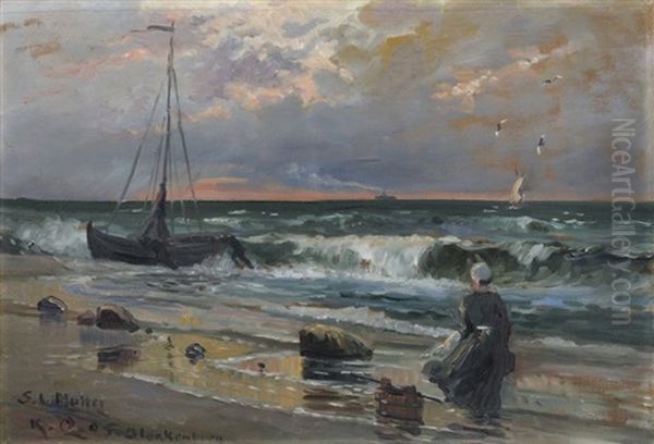 Fischerin Am Abendlichen Strand by Karl Quarck