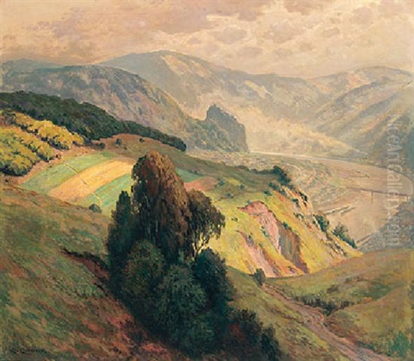 View Of The Valley Of The River Elbe Near Schreckenstein Oil Painting by Karl Quarck