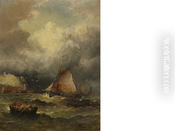 A Coastal Scene With Men Piloting Boats On A Turbulent Sea And A Town In The Distance Oil Painting by Arthur Quartley