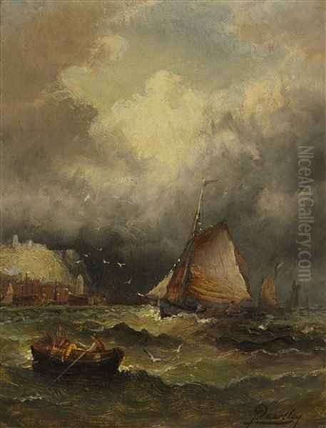 A Coastal Scene With Men Piloting Boats On A Turbulent Sea And A Town In The Distance Oil Painting by Arthur Quartley