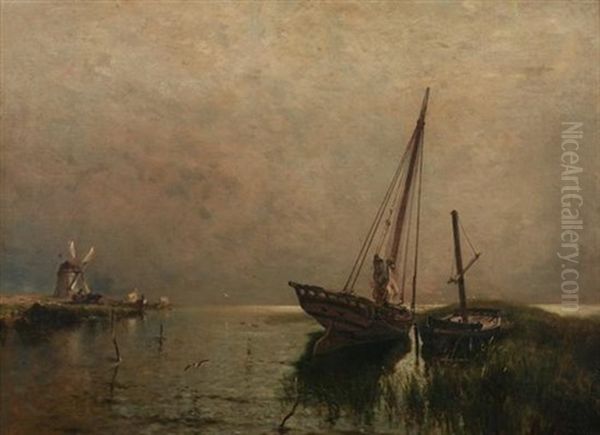 Moored Sailboats, Long Island Coast Oil Painting by Arthur Quartley