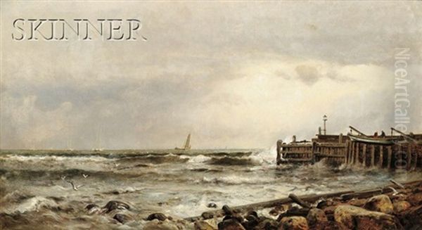 Pier Near The Beach, At Narragansett, Rhode Island Oil Painting by Arthur Quartley