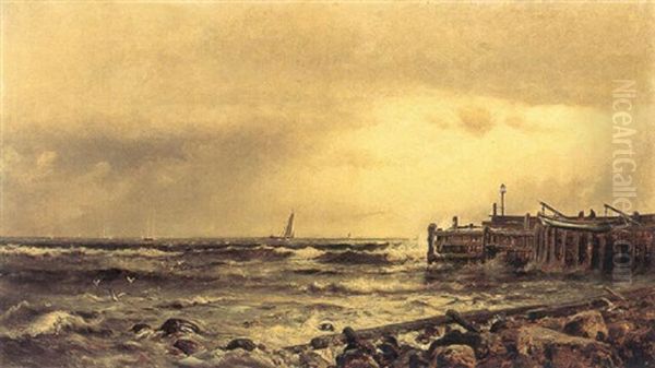 Pier Near The Beach At Narragansett, Rhode Island Oil Painting by Arthur Quartley