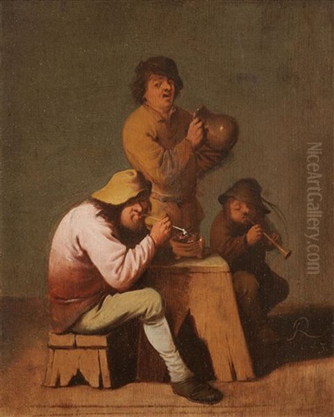 Three Peasants Smoking And Drinking In An Interior Oil Painting by Pieter Jansz Quast