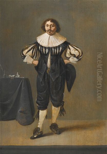 Portrait Of A Man, Full-length, In A Black Slashed Doublet And Breeches And A Ruff, Standing Beside A Table With Writing Implements Oil Painting by Pieter Jansz Quast