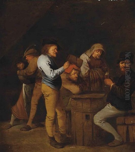 A Tavern Interior With Peasants Drinking Oil Painting by Pieter Jansz Quast