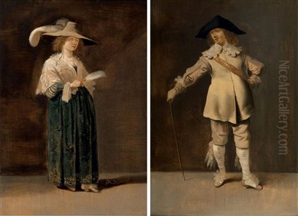 Portrait De Femme En Pied Tenant Un Eventail De Plumes (+ Portrait D'officier Tenant Une Canne; 2 Works) Oil Painting by Pieter Jansz Quast