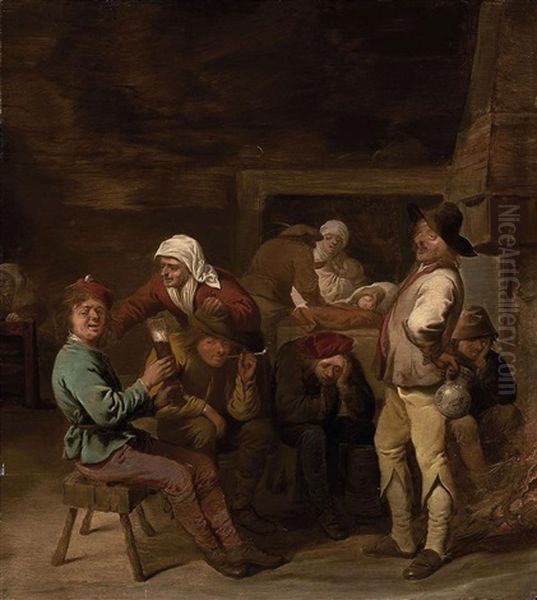 A Tavern Interior With Peasants Drinking And Smoking Beside A Fire Oil Painting by Pieter Jansz Quast