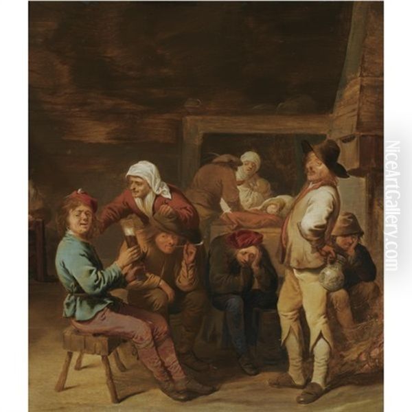 A Barn Interior With Smoking And Drinking Peasants Beside A Fireplace, A Sleeping Child And A Mother Nursing Her Child In The Background Oil Painting by Pieter Jansz Quast