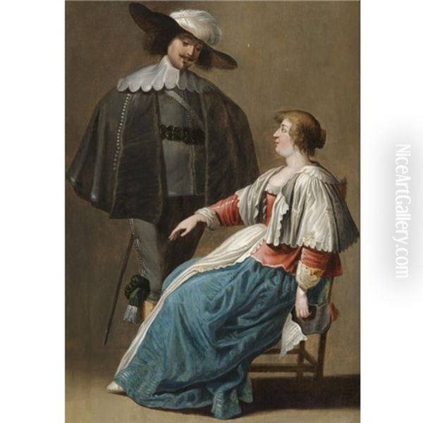 A Cavalier Propositioning A Seated Lady Oil Painting by Pieter Jansz Quast