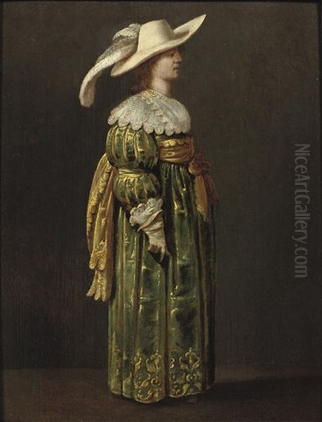 An Elegant Woman, Full-length, Standing In Profile, In A Green And Gold Embroidered Dress And Feathered Hat Oil Painting by Pieter Jansz Quast