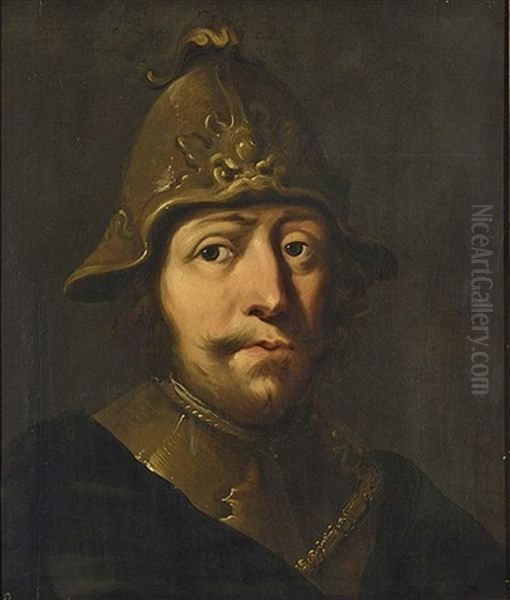 A Tronie Of A Soldier, Head And Shoulders, Wearing A Helmet And A Gorget Oil Painting by Pieter Jansz Quast