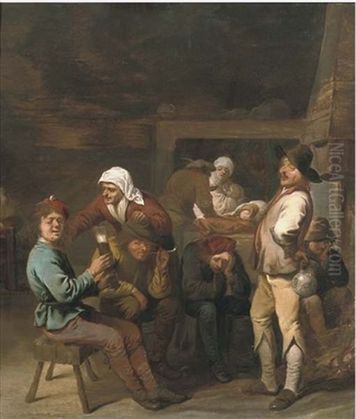 A Tavern Interior With Peasants Drinking And Smoking Beside A Fire Oil Painting by Pieter Jansz Quast