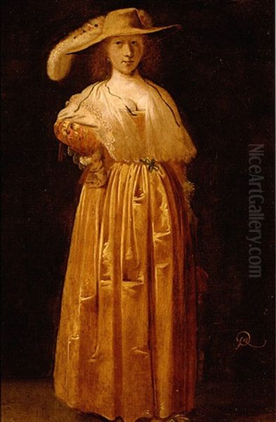 Portrait Of A Lady Wearing An Orange Silk Dress And A Silk Shawl Oil Painting by Pieter Jansz Quast