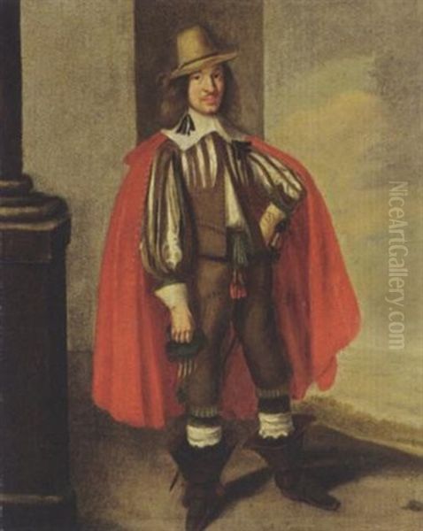 A Portrait Of A Gentleman Wearing A Brown Suit With White Chemise, A Red Cloak And A Hat Oil Painting by Pieter Jansz Quast