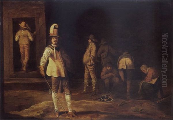 A Kortegaardje, Soldiers And Peasants Gathered Around A Fire In A Barn Oil Painting by Pieter Jansz Quast