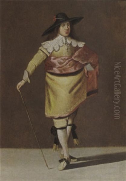 A Portrait Of A Gentleman, Wearing A Yellow Suit With Lace Collar And Cuffs And A Red Cloak, Holding A Stick In His Right Hand Oil Painting by Pieter Jansz Quast