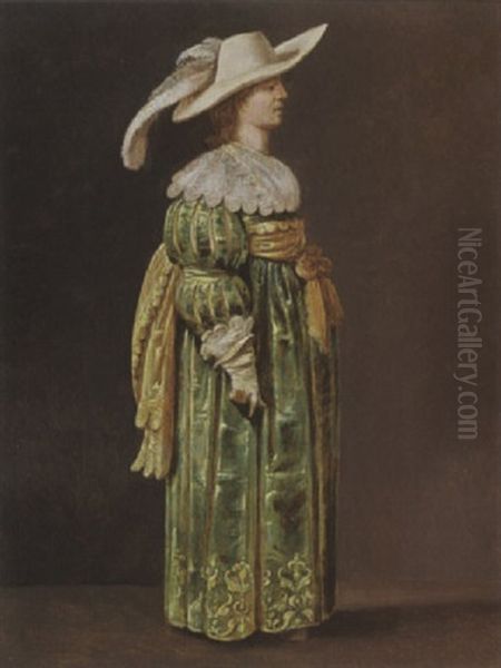 A Portrait Of A Lady, Wearing A Green Sating Dress With Lace Cuffs And Collar, A Yellow Sash, White Gloves, And A White Hat Oil Painting by Pieter Jansz Quast