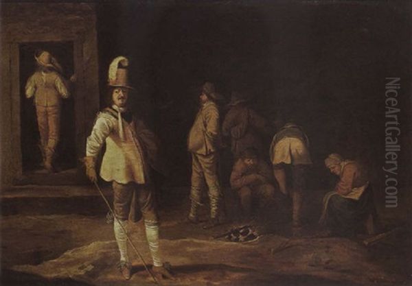 A Kortegaardje, Soldiers And Peasants Gathered Around A Fire In A Barn Oil Painting by Pieter Jansz Quast