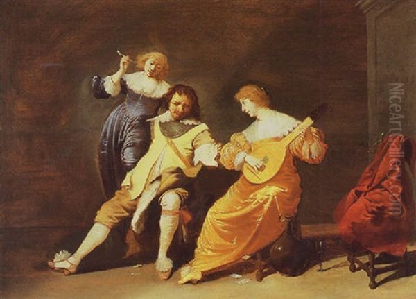 Elegant Company Making Music In An Interior Oil Painting by Pieter Jansz Quast