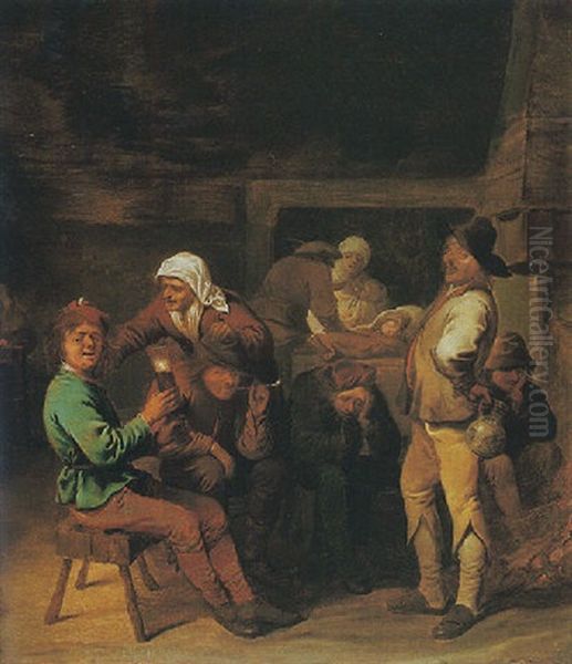 An Interior With Figures Drinking And Smoking Beside A Fireplace, A Woman Nursing A Child Beyond Oil Painting by Pieter Jansz Quast