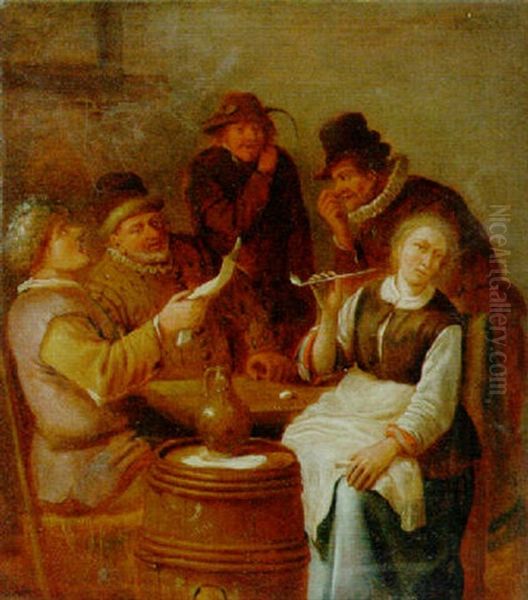 The Five Senses: Peasants Drinking, Smoking And Singing In An Interior Oil Painting by Pieter Jansz Quast