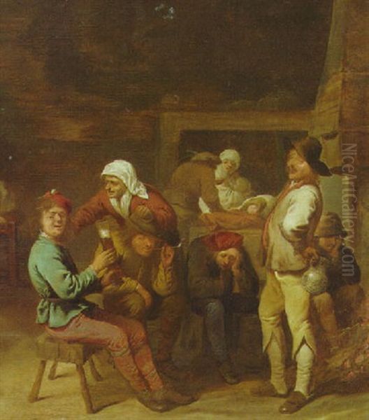 A Tavern Interior With Peasants Drinking And Smoking Beside A Fire Oil Painting by Pieter Jansz Quast