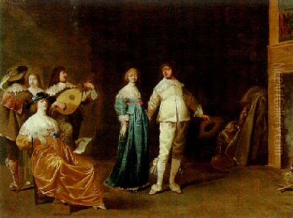 Elegant Company Making Music In An Interior Oil Painting by Pieter Jansz Quast