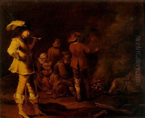 Soldiers And A Woman Around A Fire With A Bravo Smoking A Pipe Oil Painting by Pieter Jansz Quast