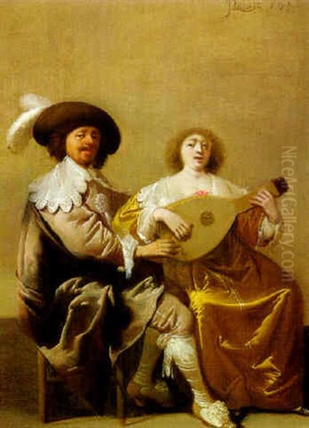 A Man And A Woman Playing A Lute Oil Painting by Pieter Jansz Quast