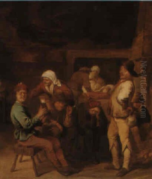 Tavern Interior With Peasants Smoking And Drinking Near A Fire Oil Painting by Pieter Jansz Quast