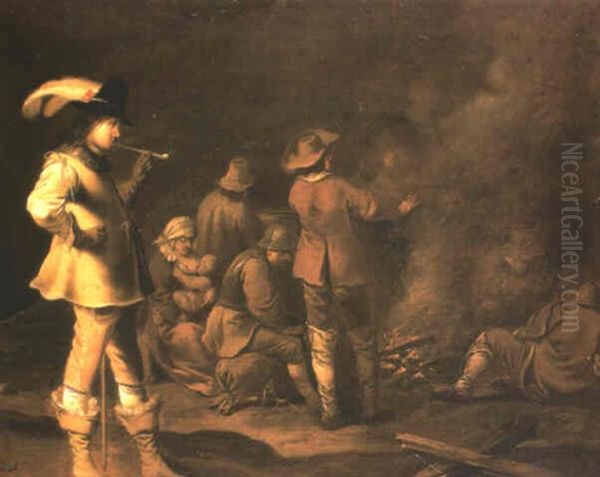 Peasants Around A Campfire Watched By A Cavalier Oil Painting by Pieter Jansz Quast