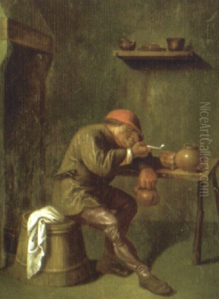 A Peasant Man Smoking A Pipe In An Interior Oil Painting by Pieter Jansz Quast