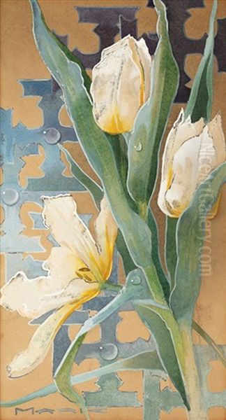 White Tulips Oil Painting by  Queen Marie of Romania