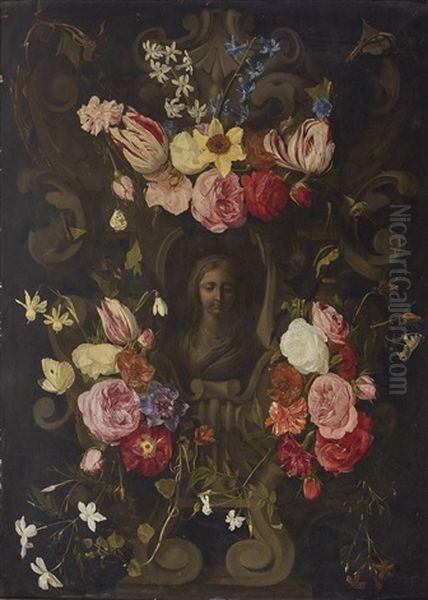 Stone Cartouche With Madonna, Surrounded By Flower Garlands Oil Painting by Erasmus Quellinus II