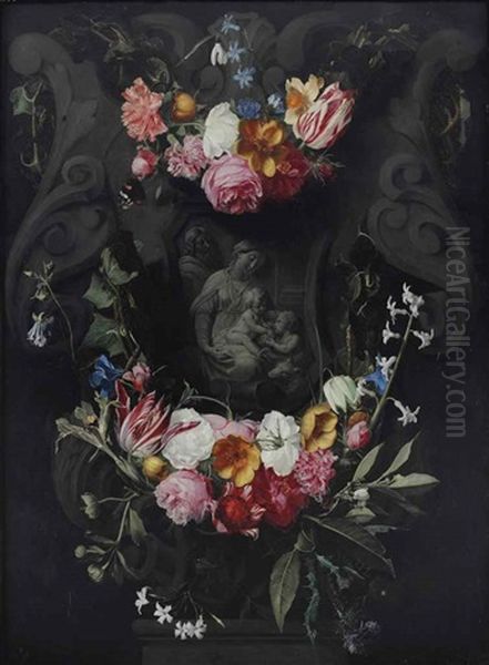 A Garland Of Flowers With The Holy Family And The Infant John In A Sculpted Cartouche Oil Painting by Erasmus Quellinus II