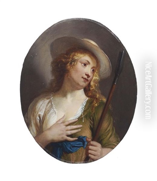 A Young Shepherdess Wearing A Straw Hat With A Shepherd's Crook Oil Painting by Erasmus Quellinus II