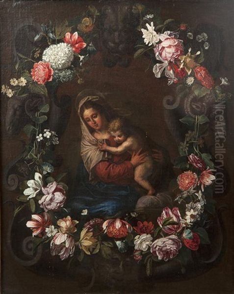 Vierge A L'enfant Dans Une Couronne De Fleurs Oil Painting by Erasmus Quellinus II