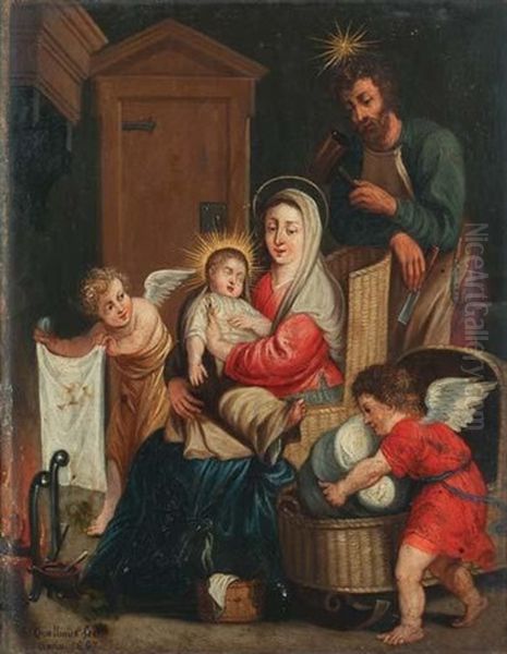 La Sainte Famille Se Rechauffant Pres De L'atre, Avec Deux Anges S'appretant A Coucher L'enfant Jesus Dans Un Berceau En Osier Oil Painting by Erasmus Quellinus II