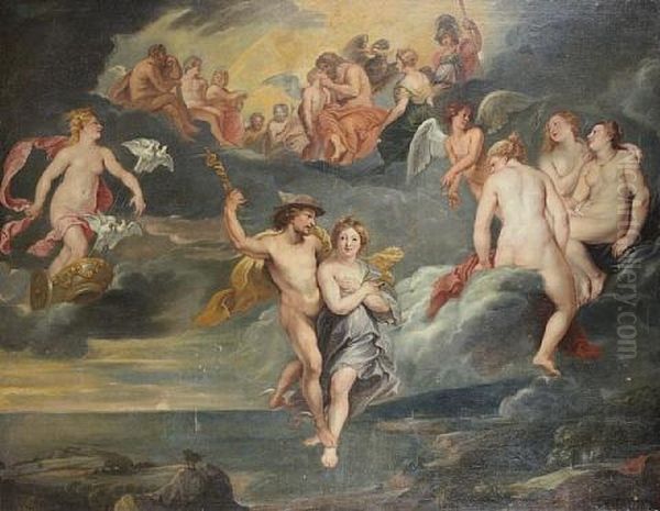 Mercury Escorting Psyche To The Heavens For Her Marriage With Cupid Oil Painting by Erasmus Quellinus II