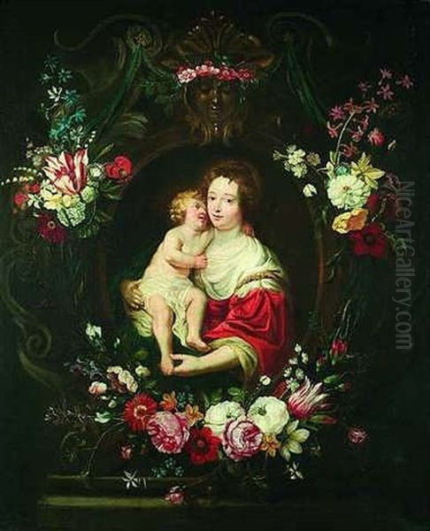 Blumengirlande Mit Madonna Und Kind (collab. W/jan Van Thielen) Oil Painting by Erasmus Quellinus II