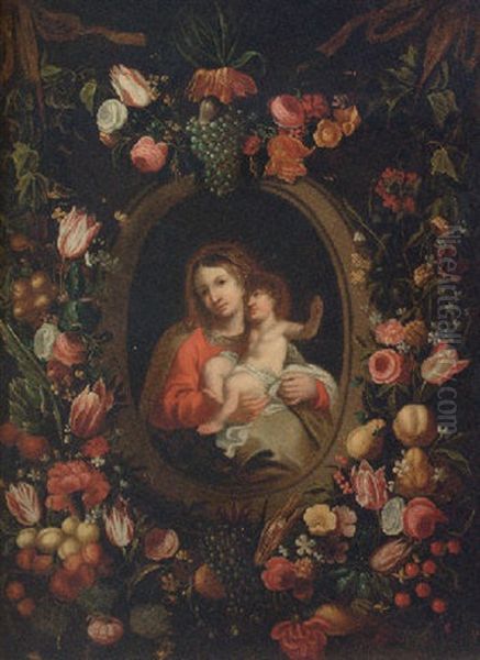 The Madonna And Child Within A Feigned Cartouche With Mixed Flowers And Fruits Oil Painting by Erasmus Quellinus II