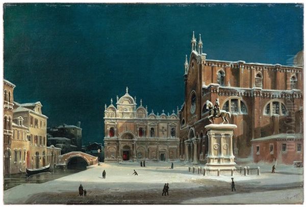 A Noctural View Of Campo Dei Santi Giovanni E Paolo Oil Painting by Luigi Querena