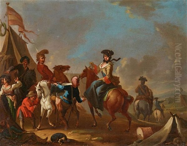 Scene From A Military Encampment Oil Painting by August Querfurt