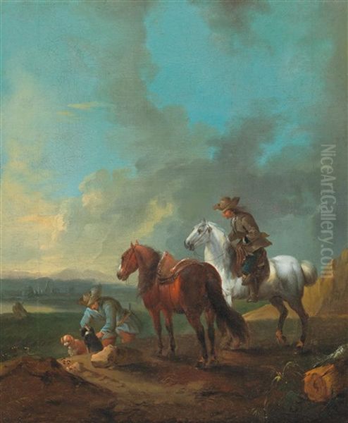 A Landscape With Two Horsemen And Their Dogs Oil Painting by August Querfurt