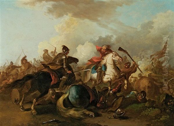 Cavalry Battle Oil Painting by August Querfurt