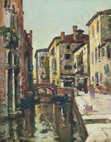 Figures At A Venetian Backwater Oil Painting by Maurice Bompard