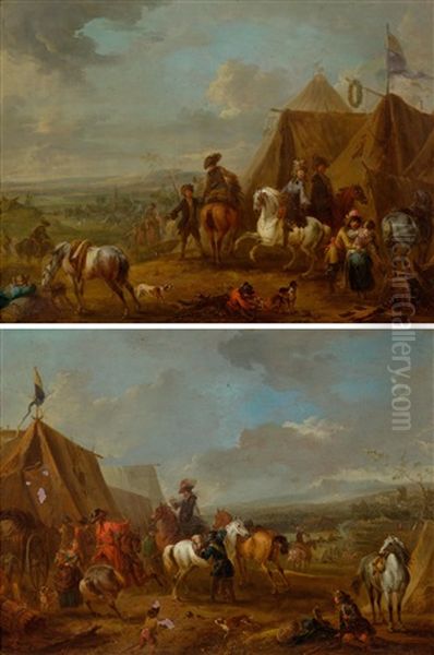 Pair Of Works: Soldiers At Rest Before A Tent Oil Painting by August Querfurt