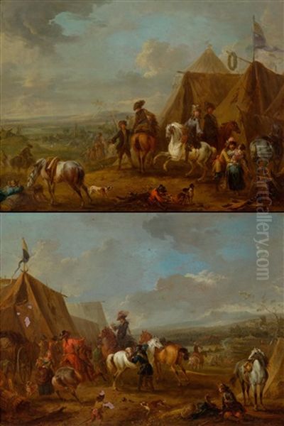 Pair Of Works: Soldiers At Rest Before A Tent Oil Painting by August Querfurt